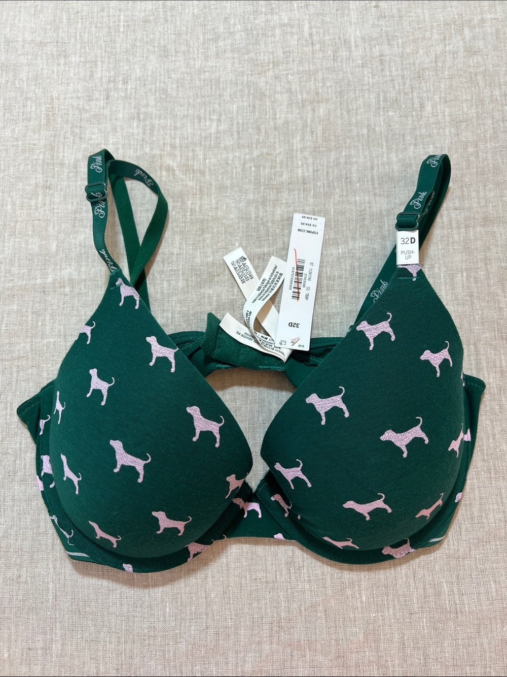 PINK Victoria's Secret Dark Green Bra with Pink Dog Print 32D NWT